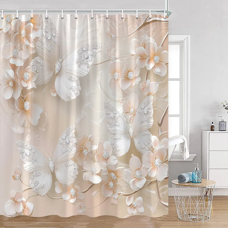 Luxury Gold White Floral Shower Curtain Rose Butterfly Cherry Blossom Modern Art Flower Polyester Fabric Bathroom Curtains Decor