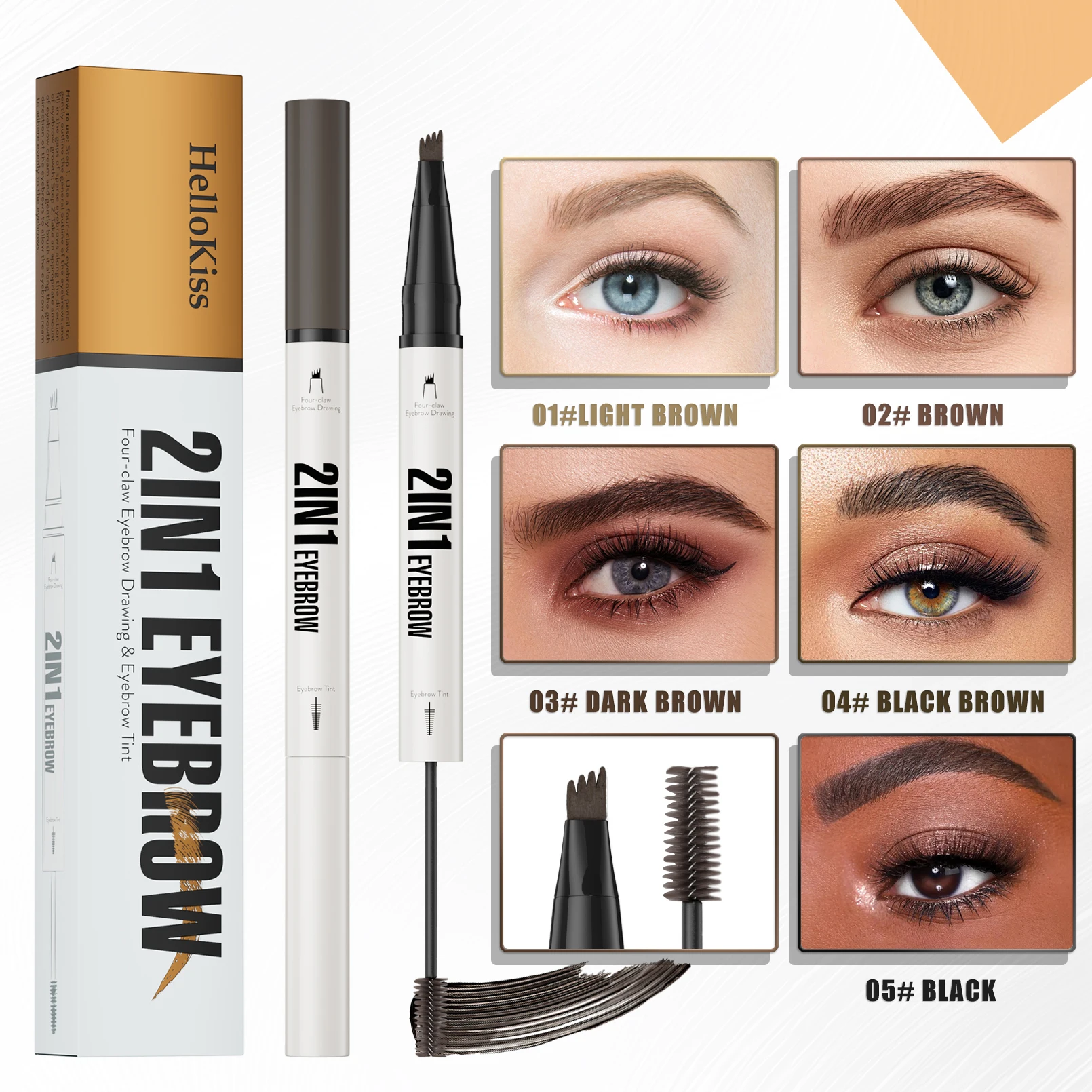 Stylo à sourcils étanche 2 en 1, crayon à sourcils et teinte, Microblading, avec 4 têtes fendues pour les sourcils parfaits
