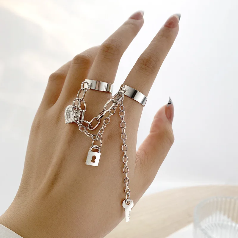 1 Set Personalized, Simple, Versatile, Light Luxury, High-End, Two Finger One-Piece Ring, Lock Pendant, Open One-Piece Ring