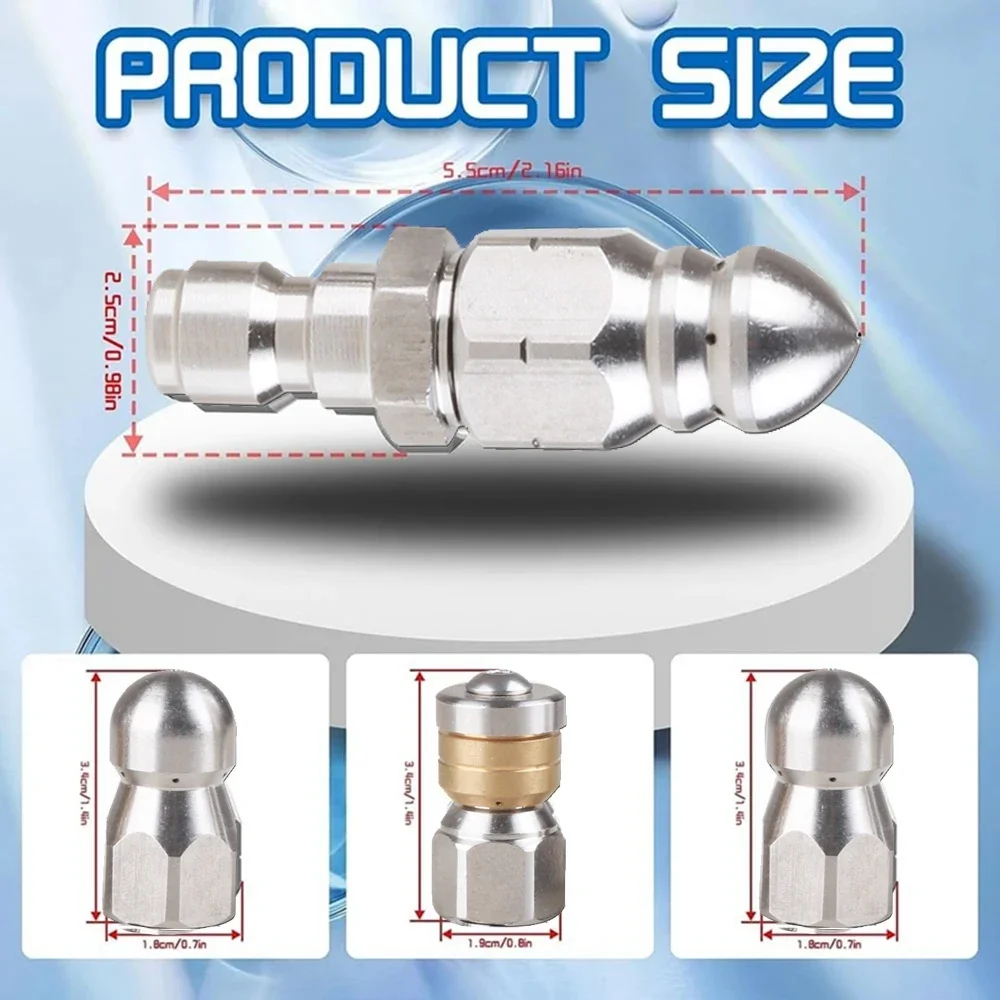 Sewer Jetter Nozzle Rotating Button Nose Stainless Steel for 1/4 Inch Pressure Washer Quick Connector Pressure Up To 5000 PSI