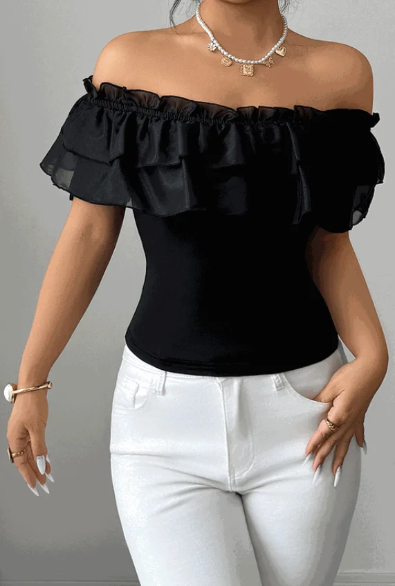 

Women's Top Summer New Fashionable Elegant Sexy Style Black Mesh Ruffle Edge Splicing One Cut Collar Off Shoulder Slim Knit Top