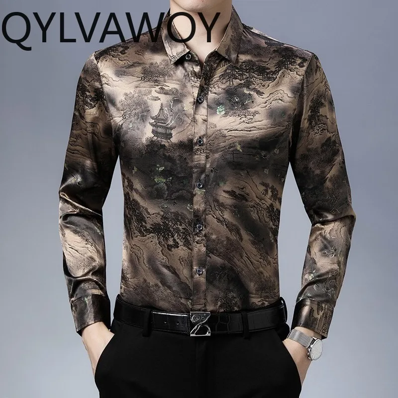 QYLVAWOY 92.5% Real Mulberry Silk Shirts for Man Long Sleeve Shirt Printed Men's Shirts Menswear Clothing Tops Fashion Trends