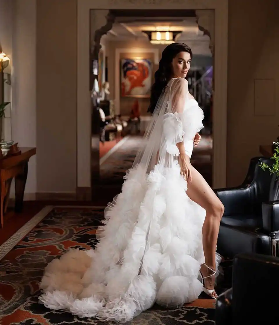 Abiti da ballo da sposa bianchi Abito in tulle trasparente Fiore Abito lungo da donna Abito lungo Abito da sposa Festa da sposa Indumenti da notte Abbigliamento da notte Servizio fotografico
