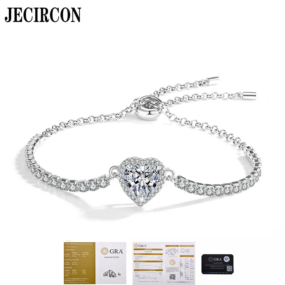 

JECIRCON S925 Sterling Silver Moissanite Bracelet 1/2ct Moissanite Heart-Shaped Simple Fashion Push-Pull Adjustable Hand Chain