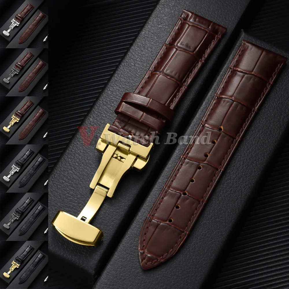 12/14/16/18/19/20/21/22mm Cowhide Leather Watch Strap Waterproof Sport Bracelet Metal Butterfly Buckle Wristband Watch Accessory