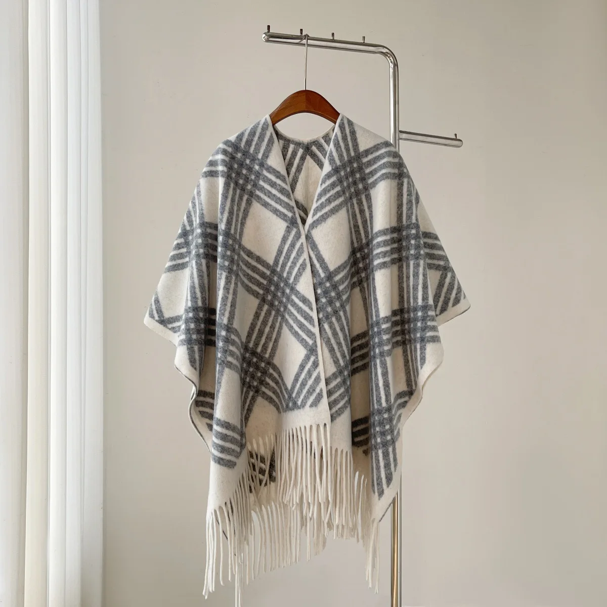 Faux Cashmere Plaid Fringed Shawl Wraps for Women Winter Warm Cape Cardigan Style Shoulder Cover Up Scarf