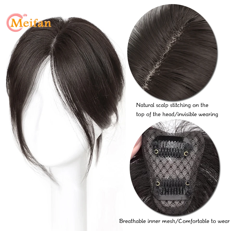 MEIFAN Topper Hairpiece Synthetic Clip-In Bang Extension Middle Part Fake Bangs Fringe Invisible Clourse Hairpiece for Women