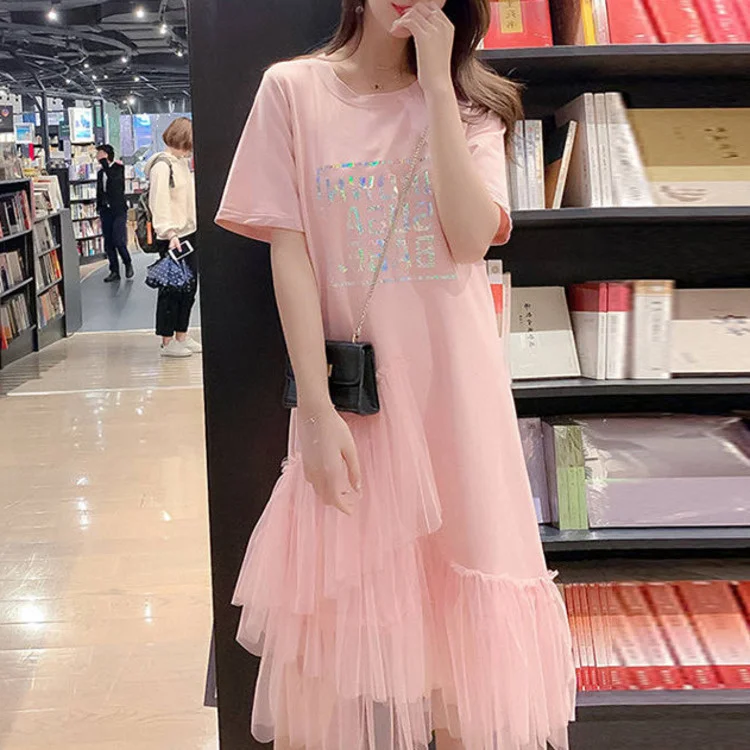 Reflective Letter Print Irregular Shirt Dress Women Layer Ruffles Mesh Long Dresses Summer Loose Casual High Street Sundress 3XL