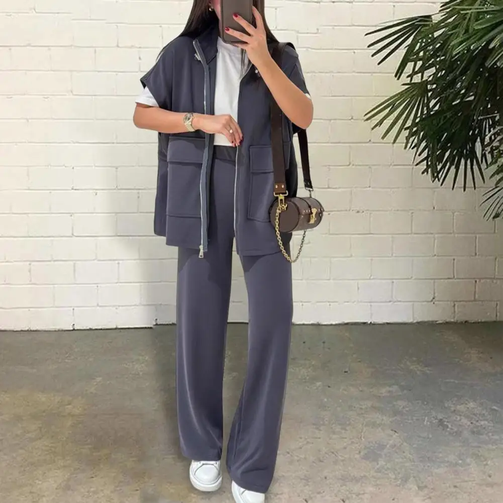 2025 Women's Two Piece Outfit Casual Full Zip-up Short Sleeve Shirt And Wide Leg Pants Set Casual Lounge Tracksuit