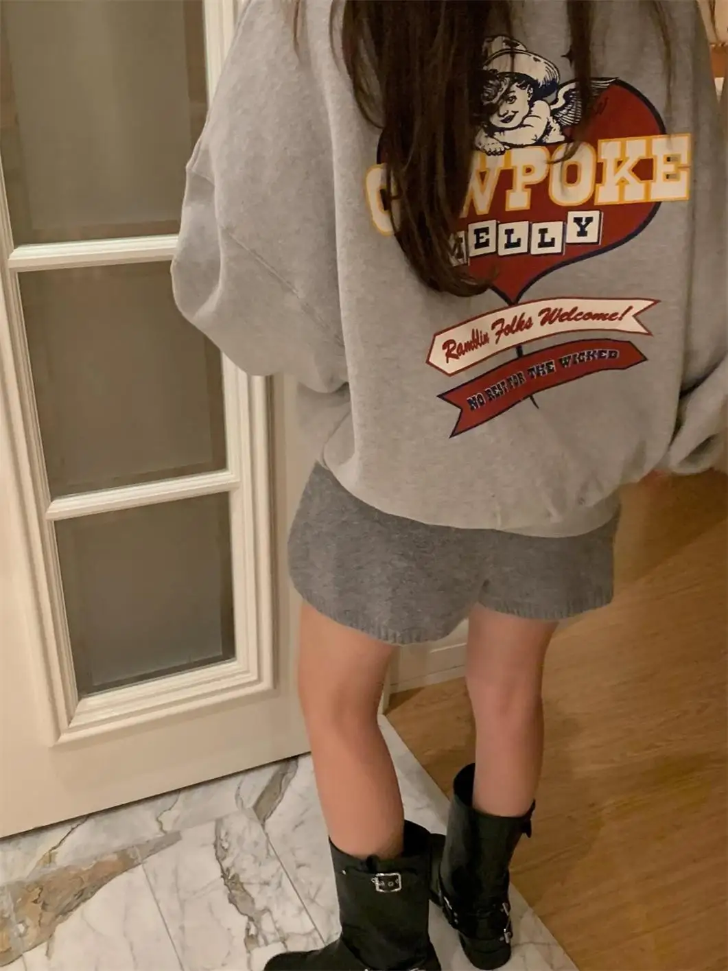 ay American Retro Cartoon Heart Pattern Design Loose Fit Women's Hoodie Korean Version round Ne Long Sve Sweatirt