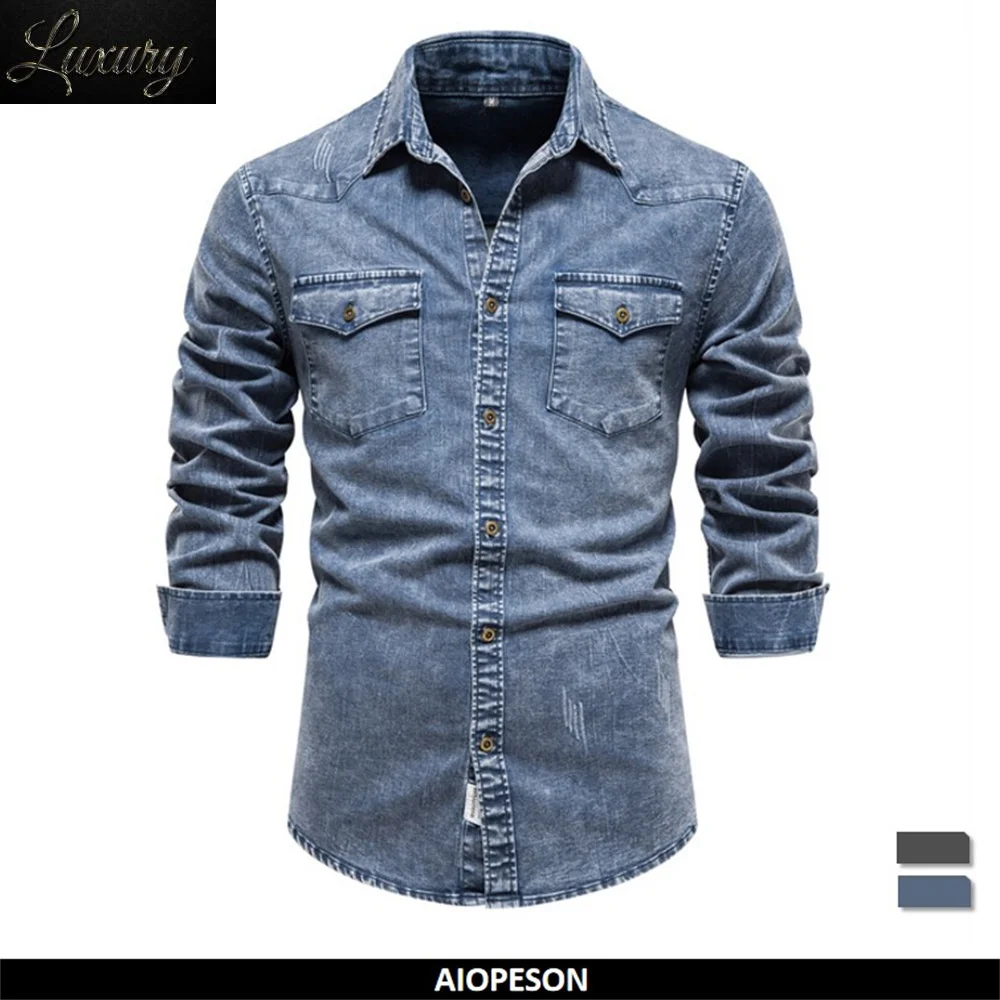 

Cotton Men Denim Shirts Double Pocket Solid Color Casual Male Cowboy New Autumn Slim Quality for