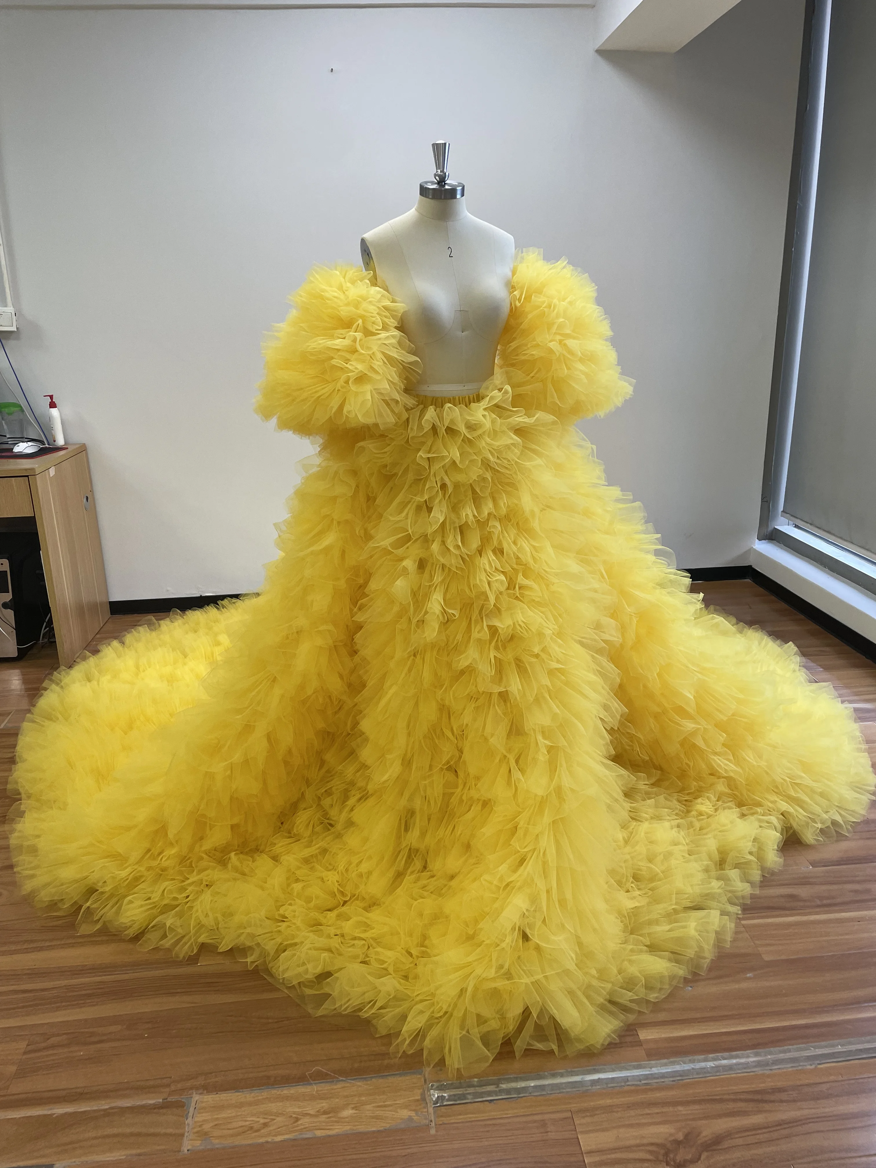 Real Image Volume Tulle Skirts With Puff Gloves Ruffles Tulle Skirt For Stage Show Color Free Handmade Custom Size