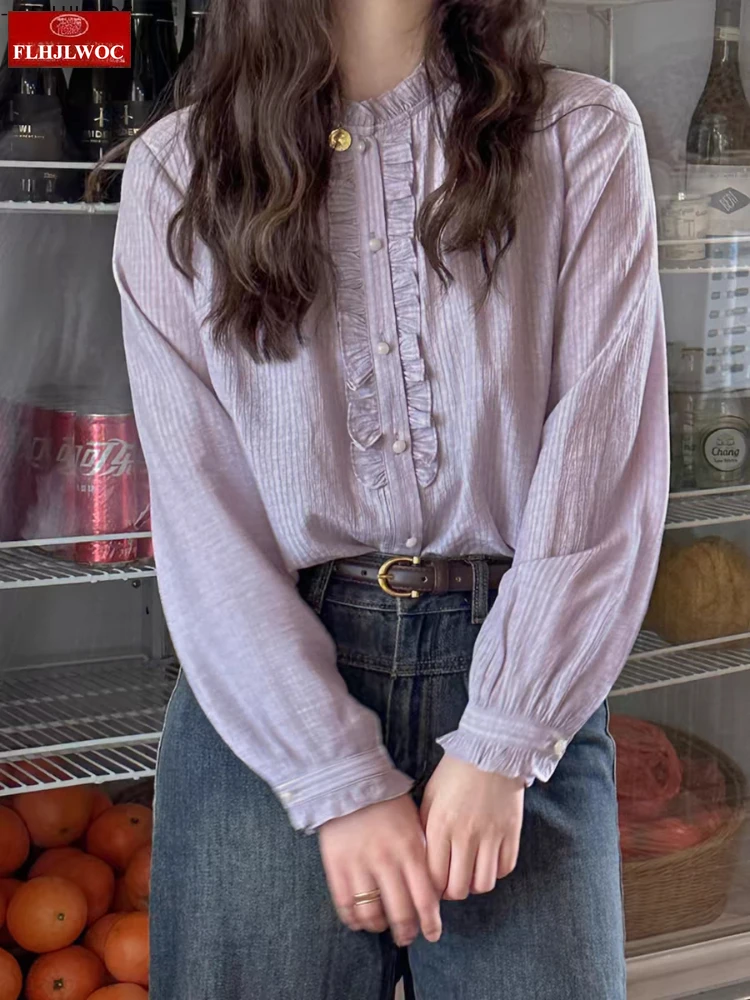 Hot Sales Stand Collar Ruffles Tops Blusas 2025 Cute Sweet Girls Chic Korea Fashion Clothes Solid Purple Women Shirts Blouses