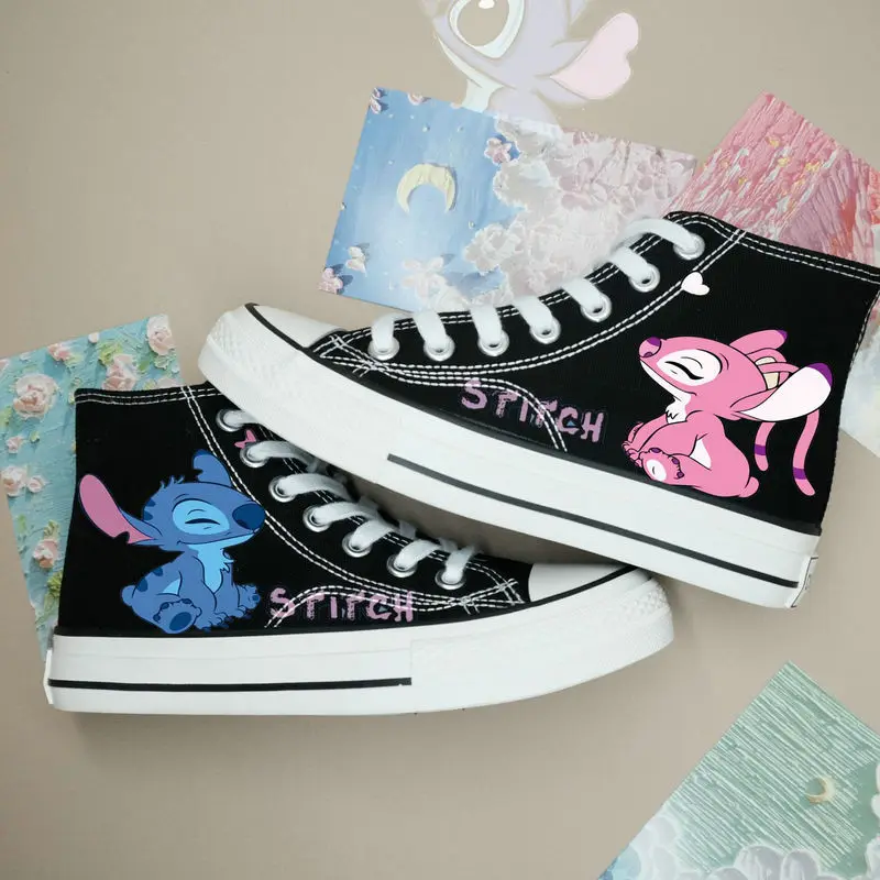 Disney Lilo & Stitch Kids Sneakers Cartoon Flat White Children\'s High Top Canvas Shoes Boys Girls New Student Casual Shoes