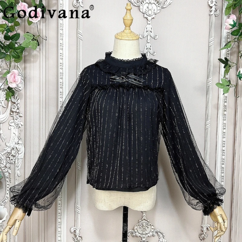 

Sweet Lolita Long-sleeved Gauze Retro Stand-up Collar Temperament Chiffon Blouse Girl Summer New Lantern Sleeve Ruffles Top