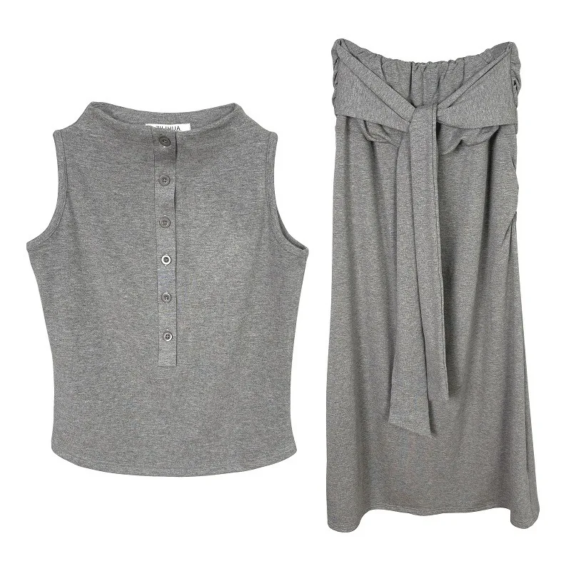 ชุดแฟชั่นเกาหลี ดีไซน์สลิม ชุดเซ็ตอเนกประสงค์ เสื้อเปิดคอครึ่งตัว แขนกุด + กระโปรงยาวทรงเอ สองชิ้น สำหรับผู้หญิง แฟชั่นผู้หญิง 52HC