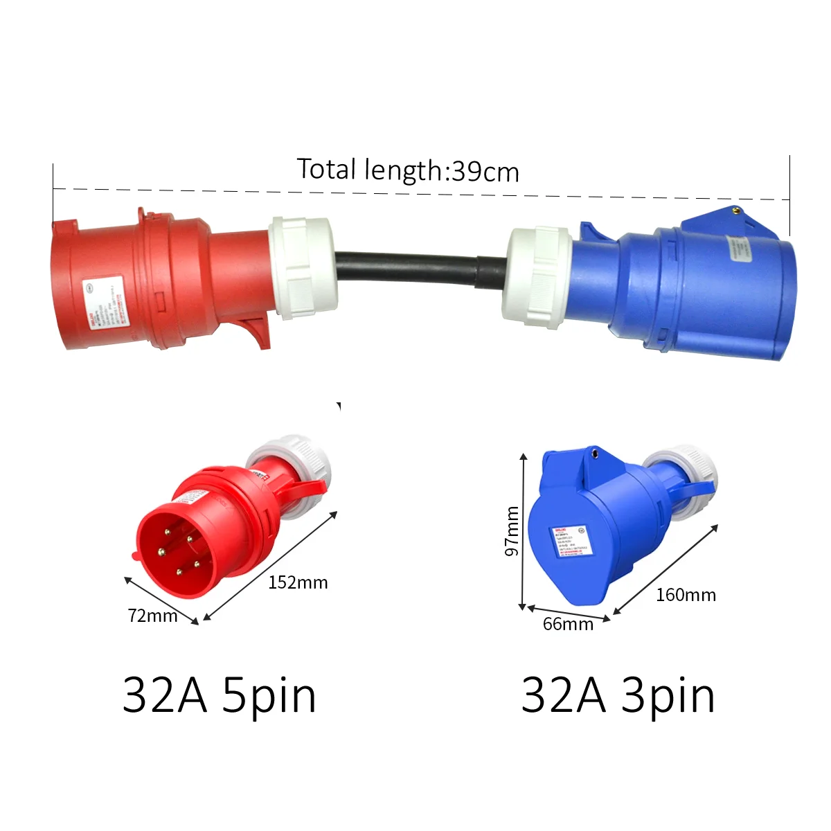 Electric vehicle Charging Adapter Convert from 22kw to 7kw 3phase to 1phase 32A CEE Red Male 5pin Connected to Blue Female 3pin