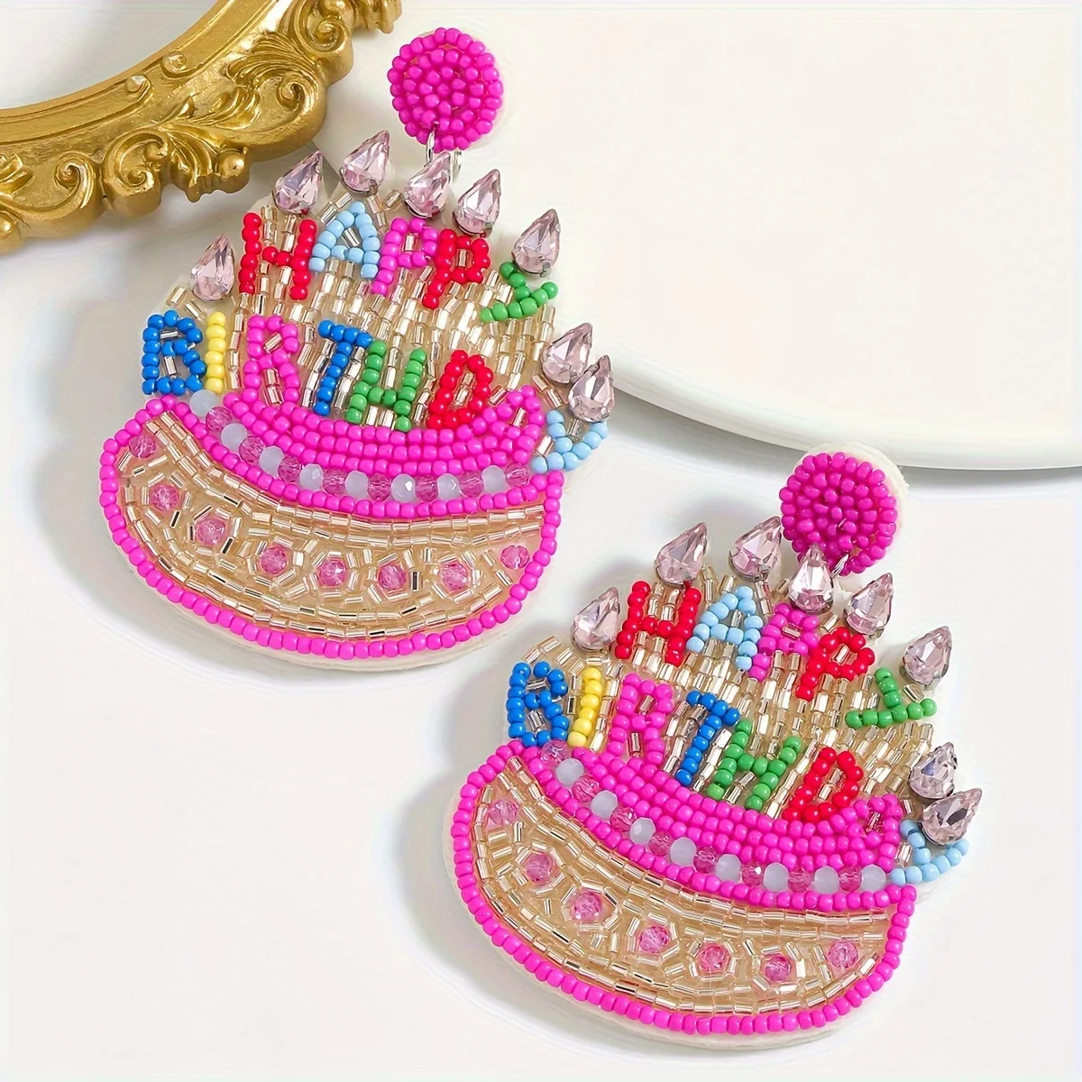 Vedwas Bohemian Handmade Beaded Cake Dangle Earrings,Cute HAPPY BIRTHDAY Letter Celebrate Birthday Party Women Accessories