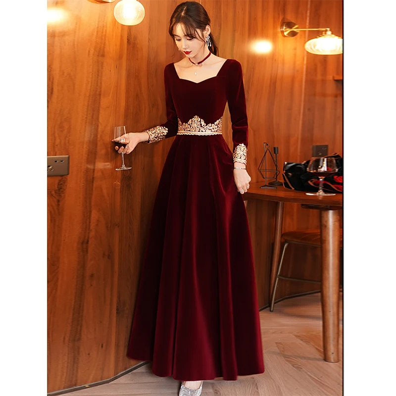 

Velvet Long Sve Wedding Dr Ele Engagement Host Evening Gown Floor Length Simple Sle Zipper Ba Neline for W...