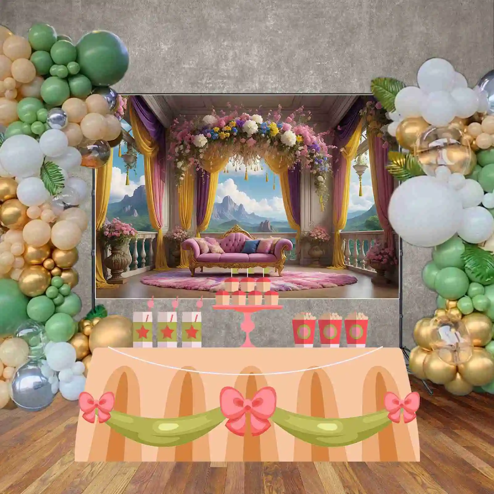 Moon.qg-花の花輪の背景、プリンセス誕生日の背景、女性のソファカーテン、カスタムパーティーの装飾、写真の小道具