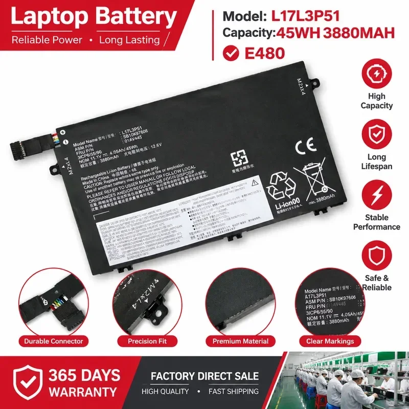 [NEW] L17M3P52 L17L3P51 Laptop Battery For Lenovo 01AV446 01AV447 E480