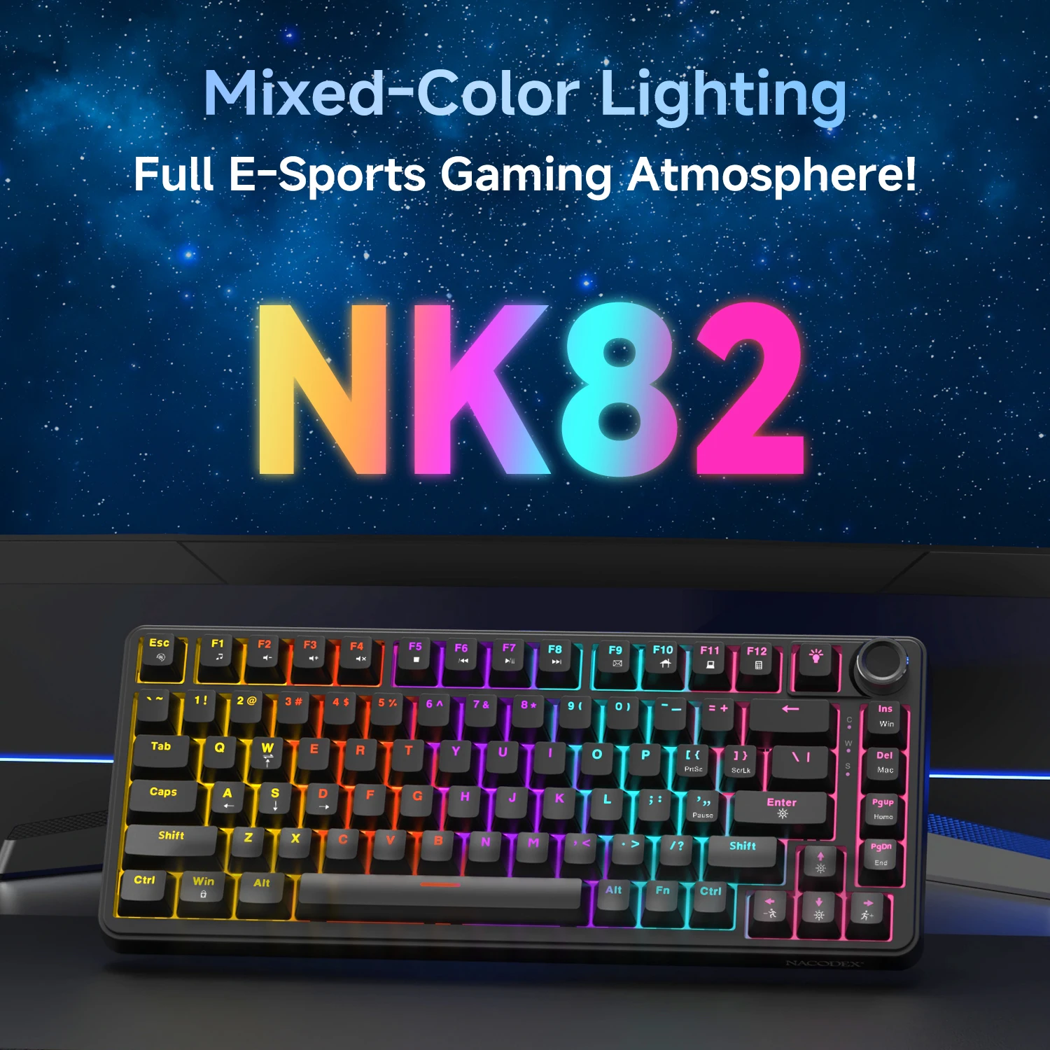 Ajazz NK82 wired gaming mechanical keyboard 1K Hz return rate mixed light/RGB light effect multifunctional metal knob 82 key off - view 6