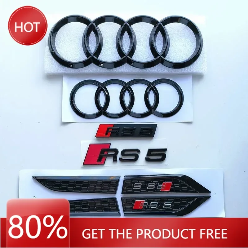 

2025 AUDI RS5 4-Ring logo ABS Black Car Hood Front Grill Emblem Rear Trunk Badge Sticker RS5 Sticker RS5 Car Fender Side Emblem