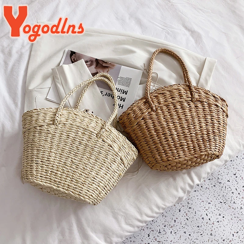 Summer New Straw Bag Women Woven Rattan Handbag Drawstring Handle Bag Large Capacity Hollow Tote Bag Shopping Basket Ba