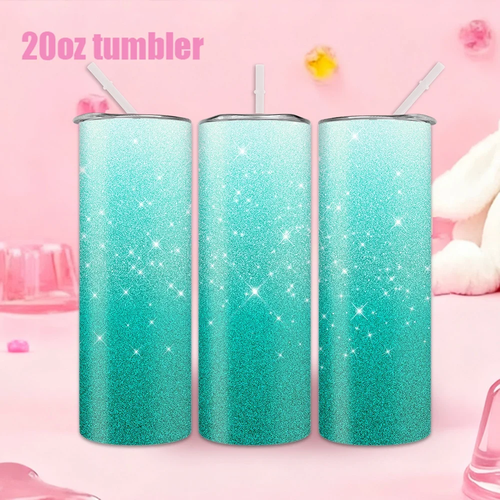 1 Stück 20oz Trinkflasche mit Strohhalm, isolierter Edelstahl-Wasserbecher mit blauem Farbverlauf und Glitzermuster.