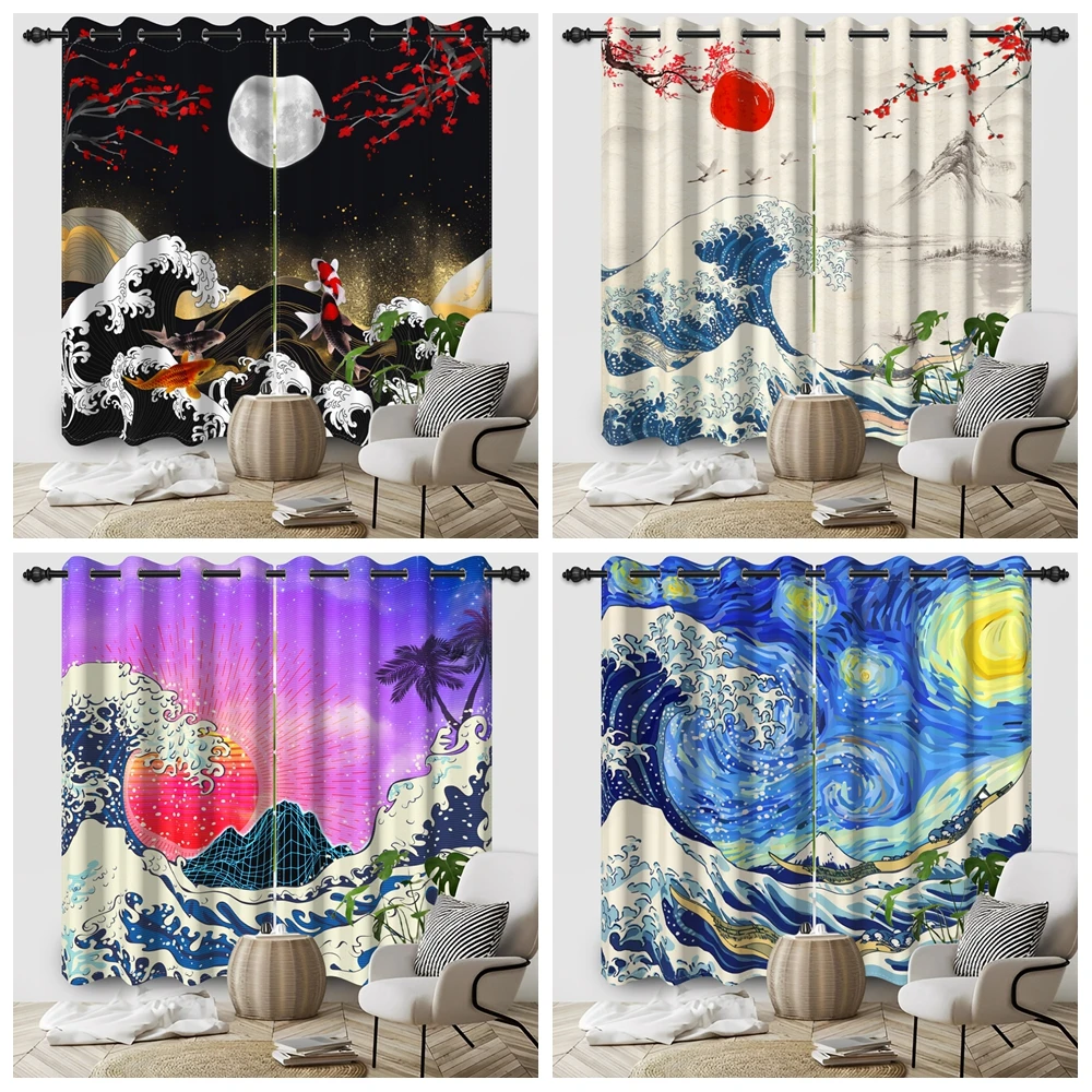 Japanese Noren Ukiyo-e Hokusai Window Curtain Giant Waves Kanagawa Sun Fuji Cherry Blossoms Bedroom Blackout Polyester Curtains