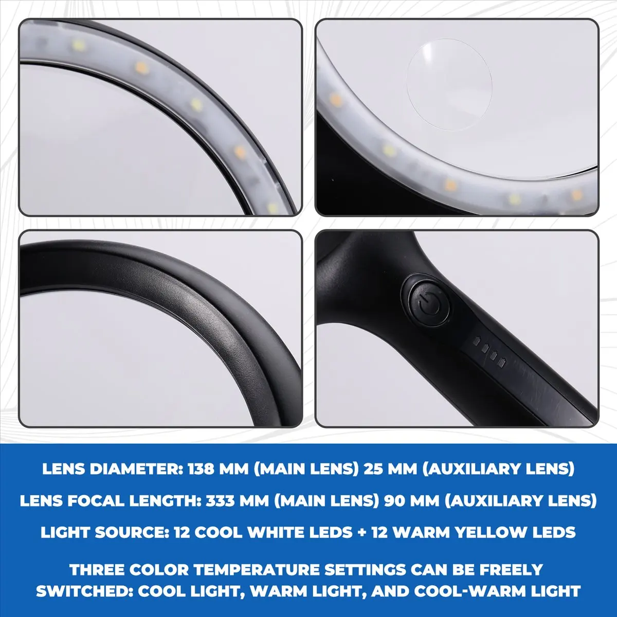 Dynamic Illuminated Handheld Magnifier Rechargeable Reading Magnifying Glasses with 24 LED Light Jewelry Repair Tool for Elderly