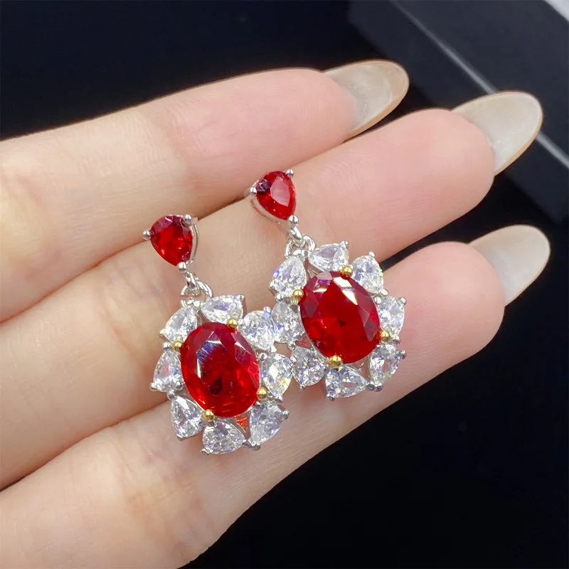 High-End Ruby Full Diamond Color Separation Open Ring Female Pendant Earrings Set
