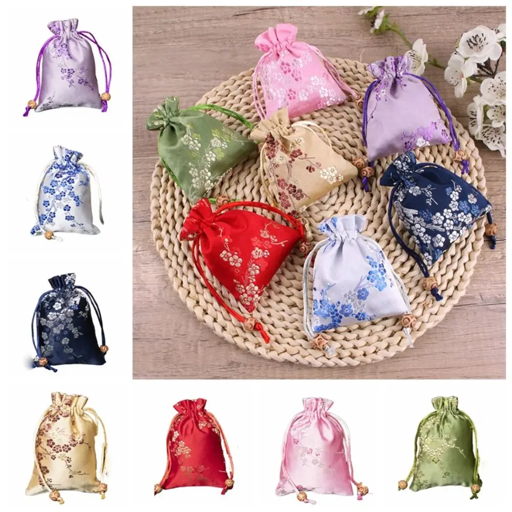 Smooth Satin Storage Bag Flower Embroidered Women Sachet Drawstring Tie Jewelry Packaging Bag Party