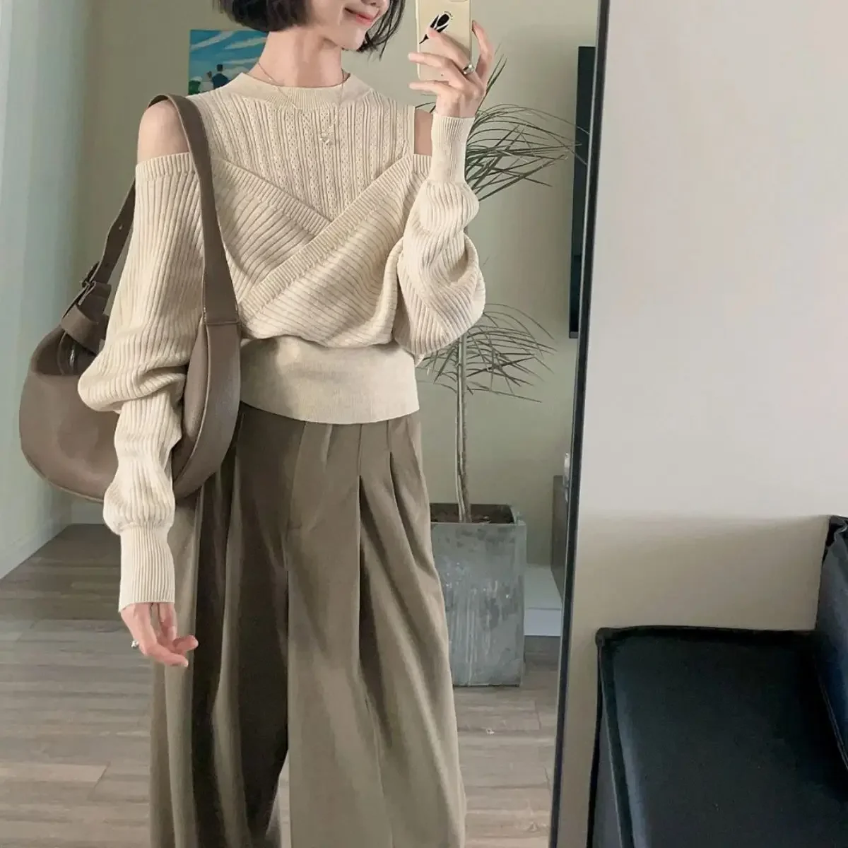 Autumn New Irregular  Off Shoulder Top with Long Sleeve Design, niche Women's Stand up Collar Knitted Hollow Sweater