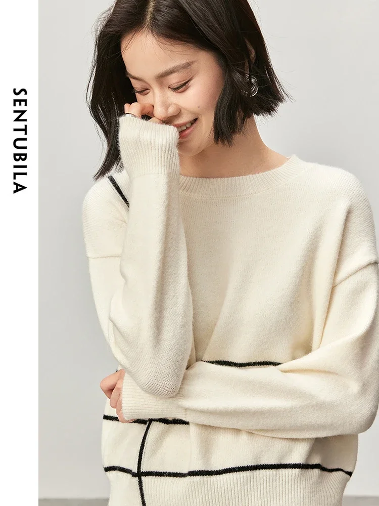 SENTUBILA Women Striped Knitted Pullovers  2024 Autumn Casual Crew Neck Lonf Sleeve Comt Tops  Clothing W43E56350