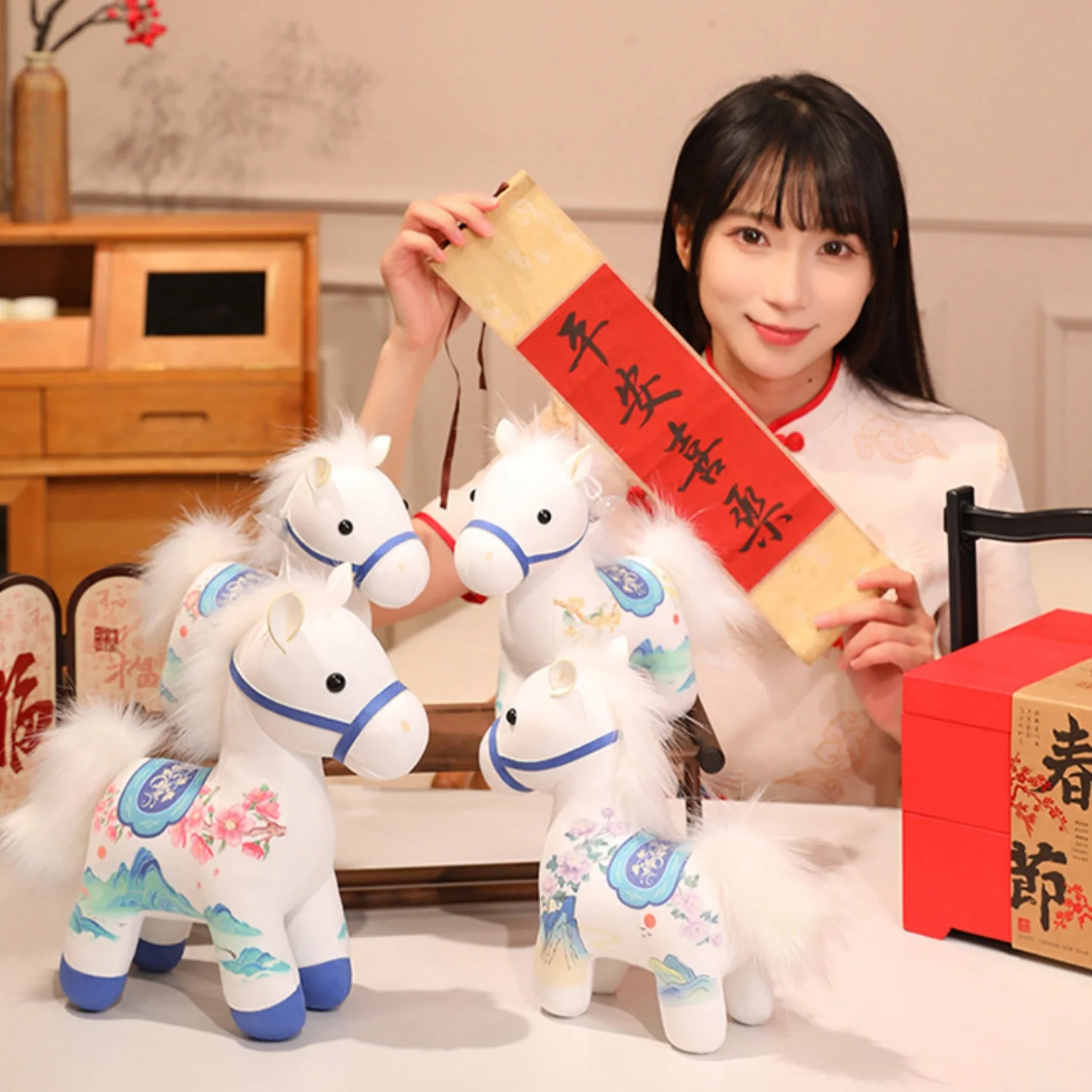 

2026 Decorative Pendant Lovely Cartoon 3D Horse Hanging Chinese Style Mountain Peak Flowers Pattern Horse Pendant Christmas Gift