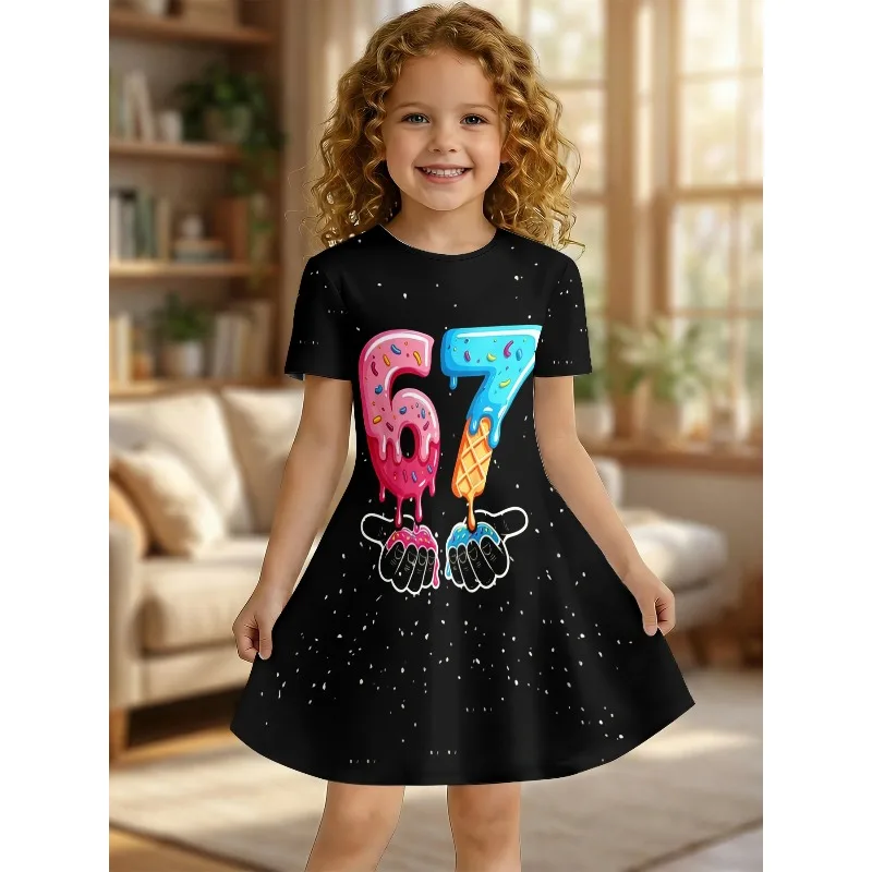 Girl Cute Donut Ice Cream 67 Printed T-shirt Dress Children's Street Dress, Party Black Casual Dress Suitable for Birthday Gifts
