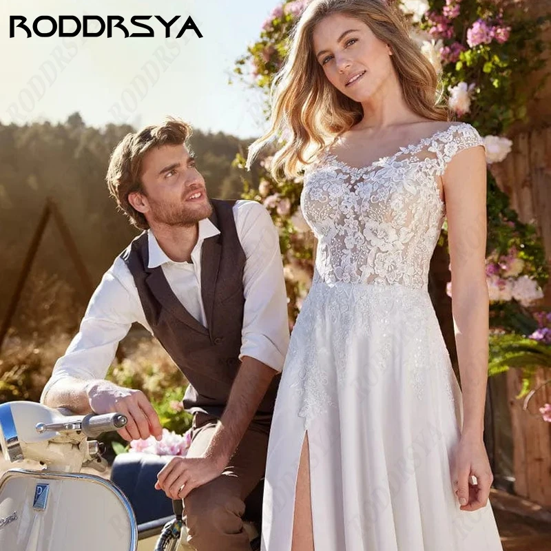 RODDRSYA Off Shoulder Beach Wedding Dress For Women Chiffon High Split Bride Party Boho Bridal Gown Sleeveless Robe De Marie