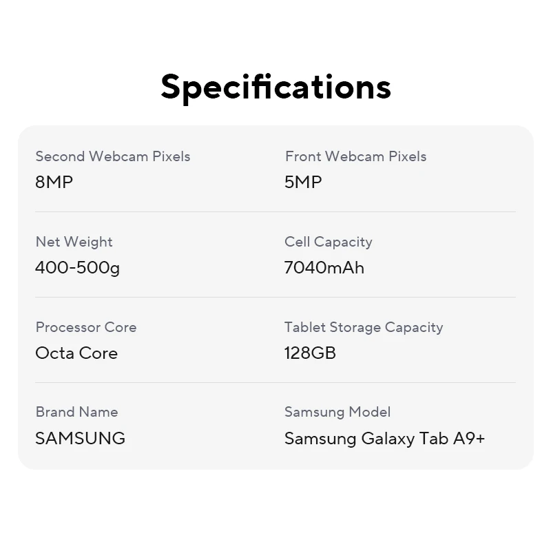 Samsung Galaxy Tab A9+ WIFI Tablet 4GB 64GB 2.2GHz Octa-core 11” TFT 90 Hz LCD Display 8MP Rear Camera 7040 mAh Battery Android image 5