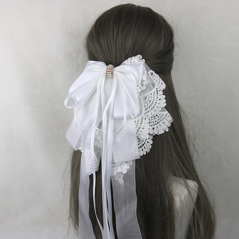 

1pc Korean Fashion Lolita Style Embroidered Lace Oversized Bow Back of Head Spring Hair Clip Accessory