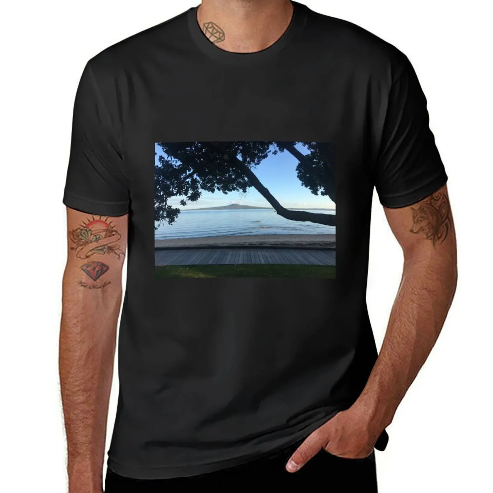 Walk along the beach looking at Rangitoto Island in New Zealand T-Shirt animal prinfor boys quick drying men t shirt