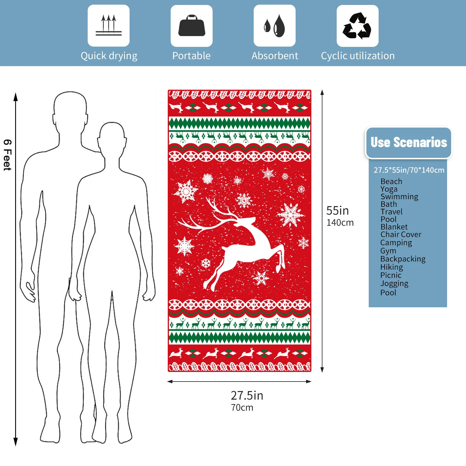 Christmas Microfiber Beach Towel: Quick-Dry, Compact, Sand-Free, Absorbent, Sandproof and Lightweight,Perfect for Camping, Beach