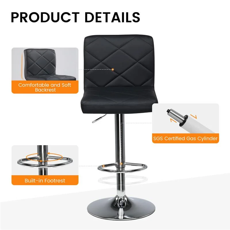 Modern PU Leather Swivel Adjustable Hydraulic Bar Stool With 16.1” Wide Base Square Counter Bar Stool Set of 2, Black