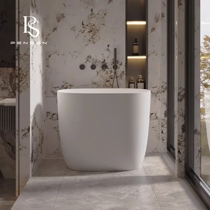 Oval Mini Bathtub Deep Soak PMMA Acrylic Solid Surface Small Home Spa Tub Compact Seated Design for Bathroom
