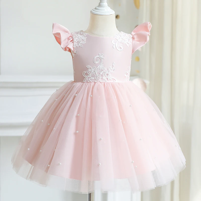 Infant Baby Girl Princess Dress V-Back Bow Tulle Tutu Vestidos Flower Girl Wedding Party Prom Gown Formal Ceremony Lace Dresses