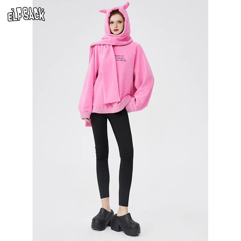 ELFSACK Printed Fleece Hoodies With Scarf Women 2024 Spring Loose Long Sleeve Casual Tops