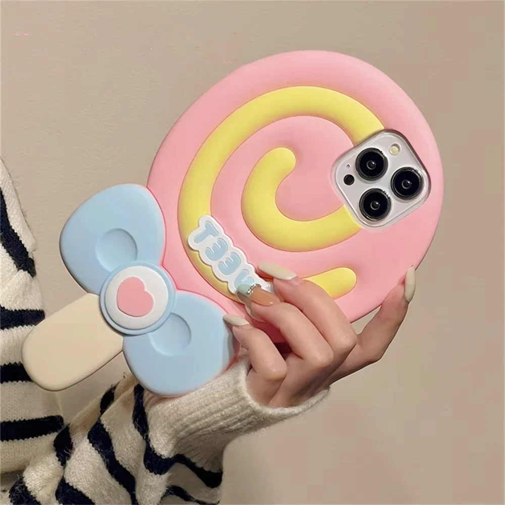Korean Cute 3D super sweet lollipop pink silicone phone case for iPhone 11 12 13 14 15Pro Max Fun cartoon protection soft cover
