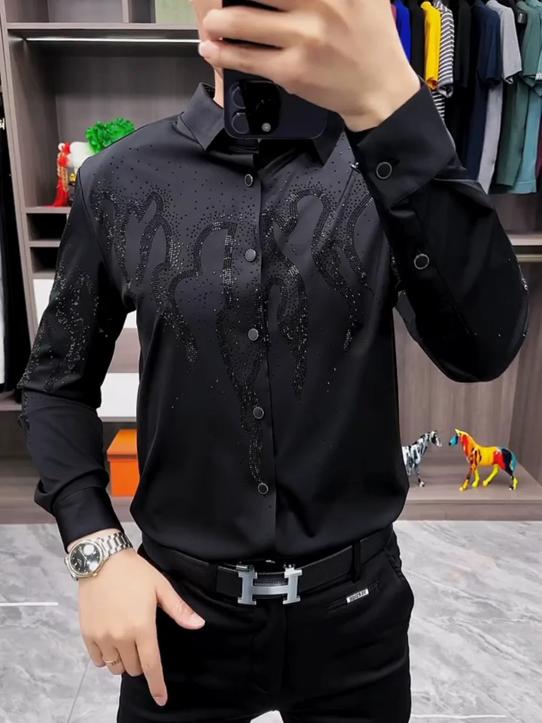 Camisas de manga larga con diamantes de imitación para hombre, camisas de alta gama, moda cómoda, moda Simple, temperamento masculino, primavera, otoño, nuevo, 2024