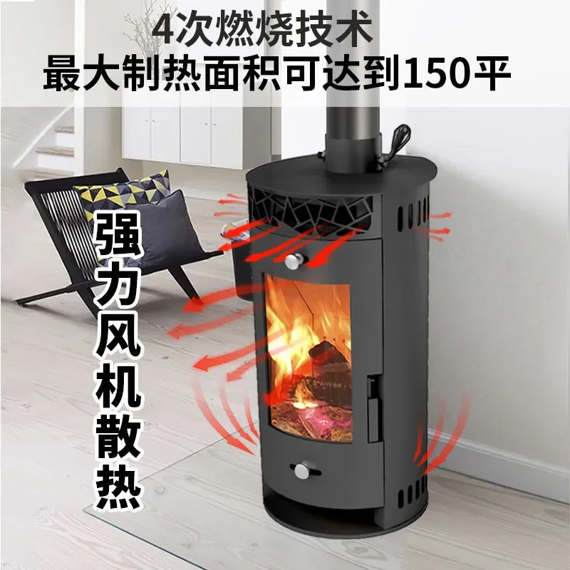 Real Fire Wood Burning Stove Indoor Vertical Heating Fireplace Blower Fan for Home 100 Square Meters Efficient Heat Furnace