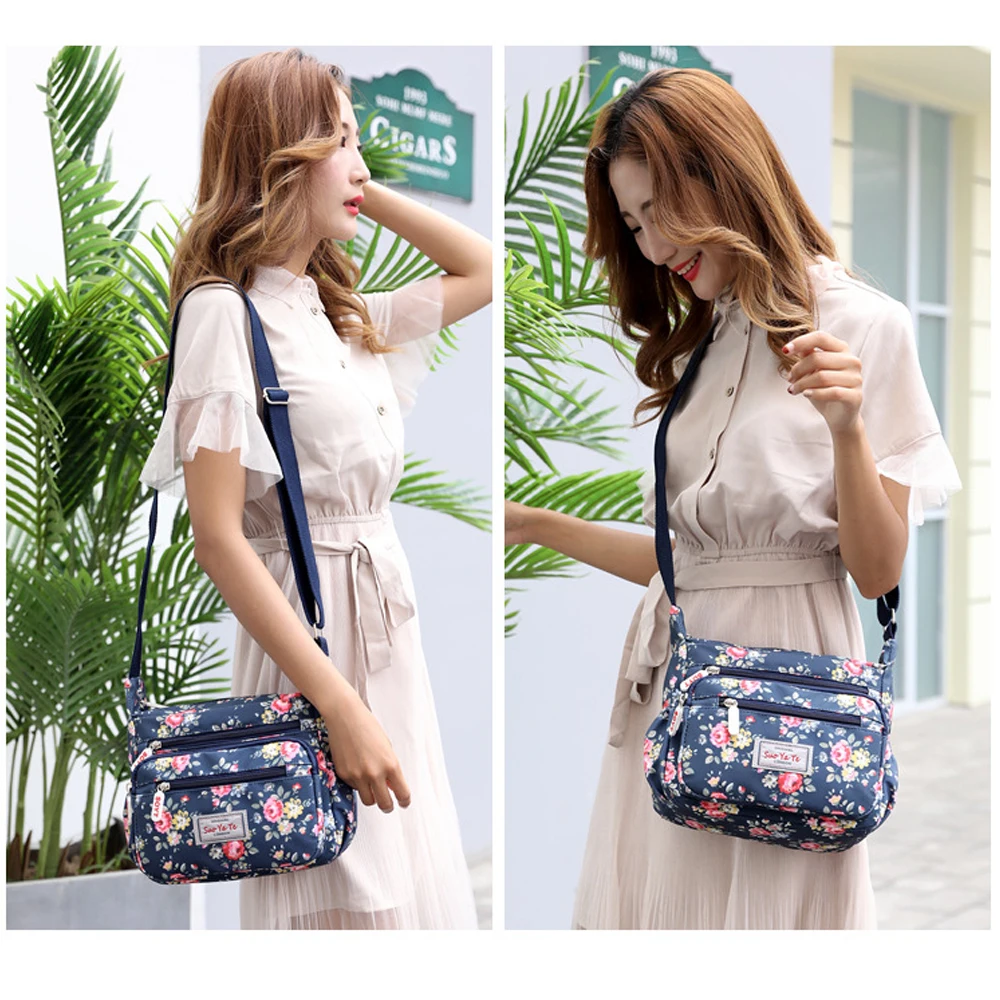 حقائب يد كروس عصرية متعددة الجيوب بنمط الأزهار حقيبة كتف نسائية مقاومة للماء من النايلون كاجوال بسحاب حقيبة كروس نسائية